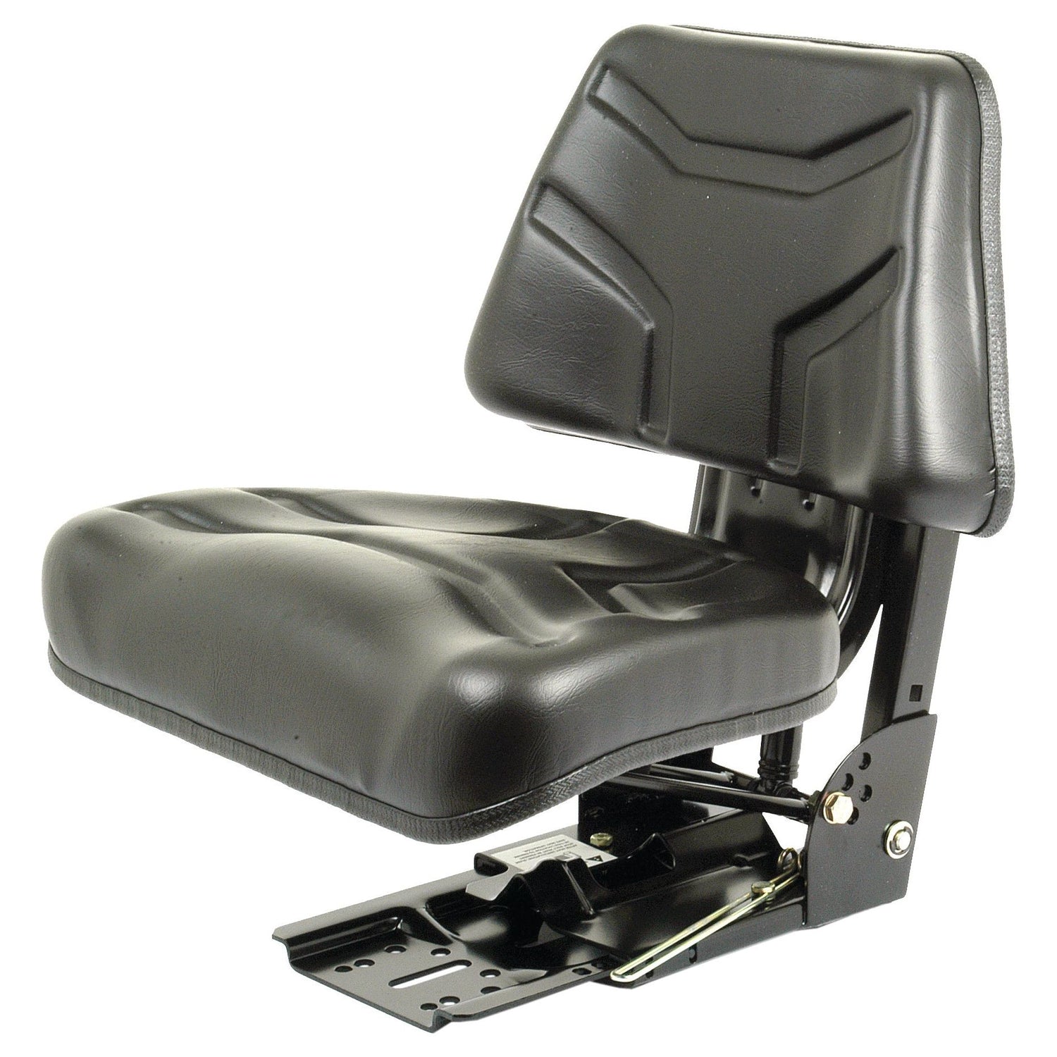 The Sparex Seat Assembly - S.71052 by Sparex includes a black vinyl seat paired with a cushioned, trapezoidal back and a sturdy metal base, complete with adjustable suspension for enhanced comfort.