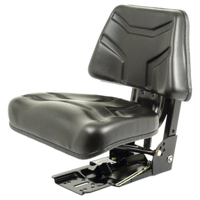 The Sparex Seat Assembly - S.71052 by Sparex includes a black vinyl seat paired with a cushioned, trapezoidal back and a sturdy metal base, complete with adjustable suspension for enhanced comfort.