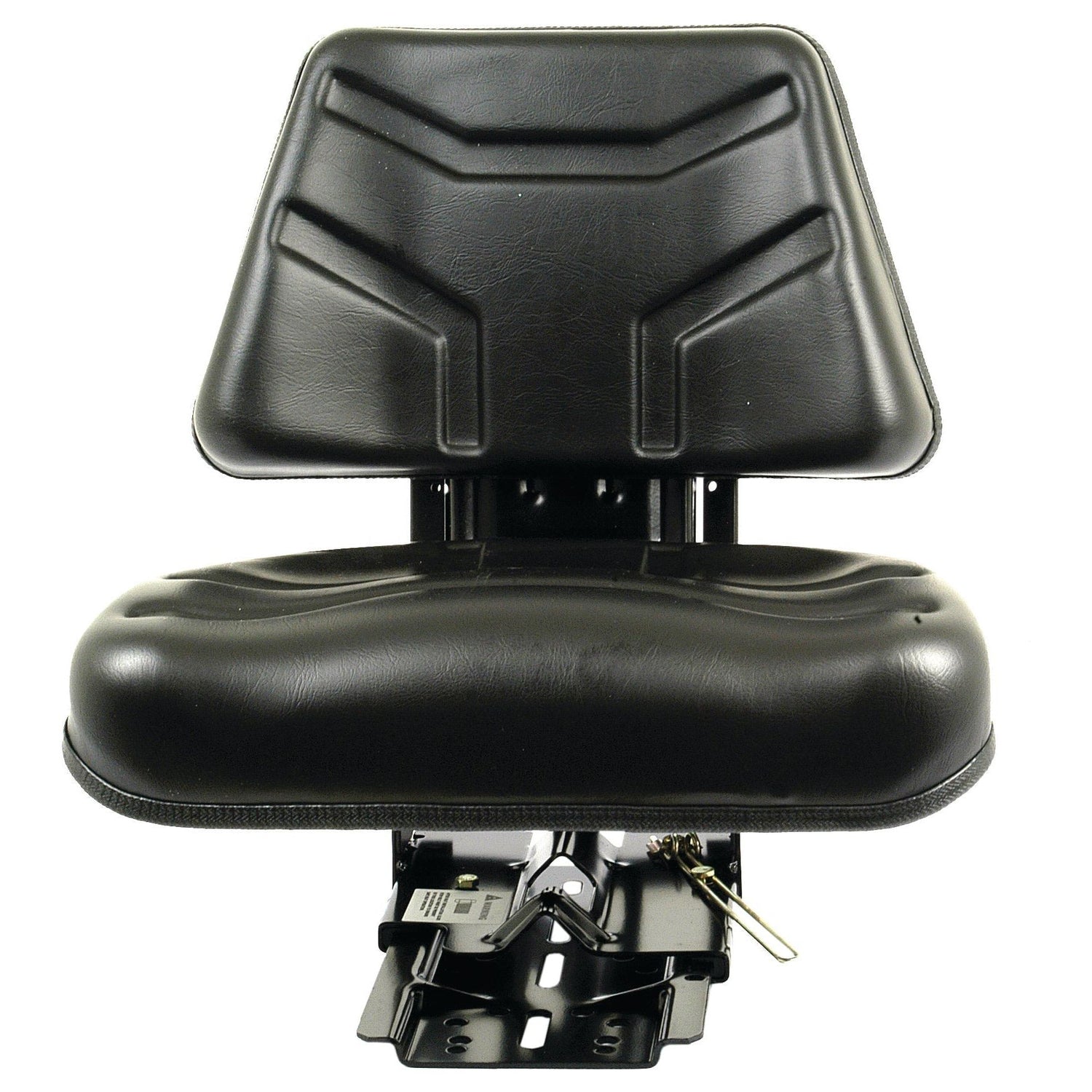 The Sparex Seat Assembly - S.71052 by Sparex features a black vinyl seat with a contoured backrest and cushion, mounted on a metal base with adjustable levers. This tractor seat also includes an adjustable suspension system for enhanced comfort.