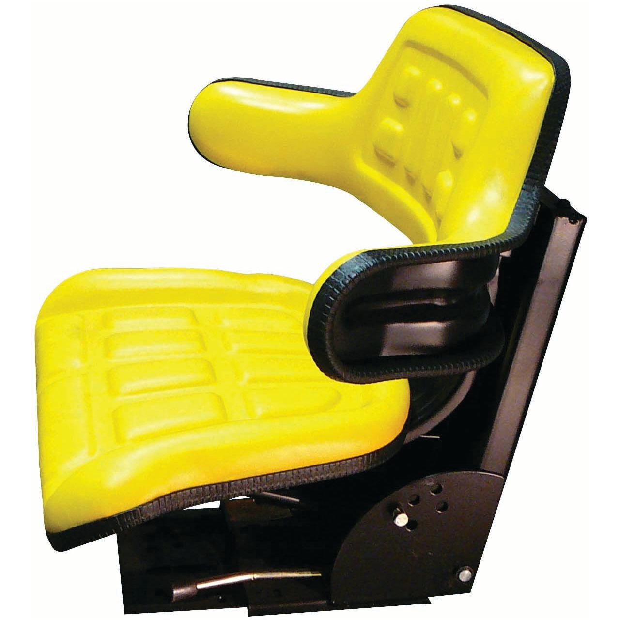 The Sparex Seat Assembly - S.71071 by Sparex is a yellow vinyl tractor seat featuring cushioned armrests, a metal mounting base, and an adjustable mechanical suspension for optimal comfort.