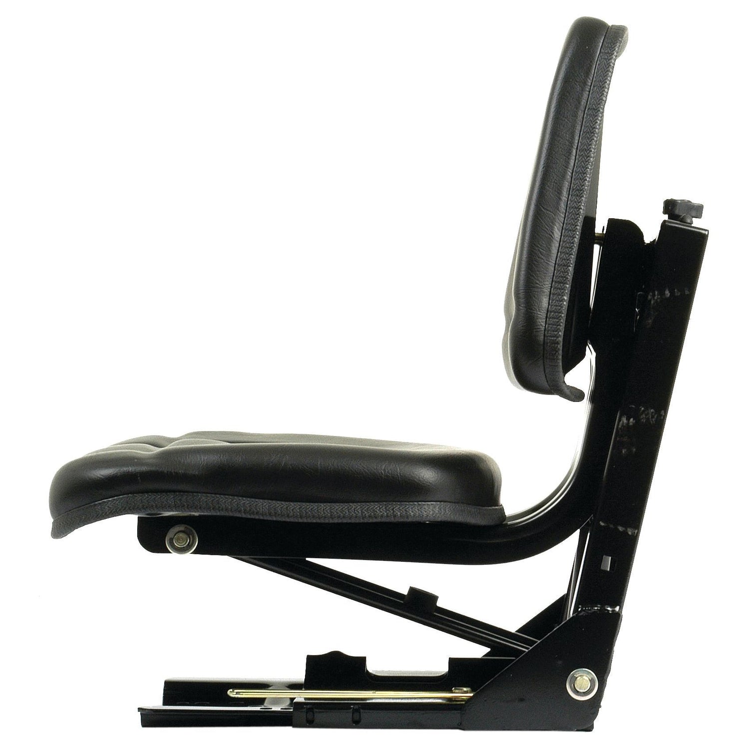 Side view of a Sparex Seat Assembly (Sparex Part No.S.71072) featuring a black vinyl cushioned backrest and seat, with mechanical adjustable suspension mounted on a metal frame.