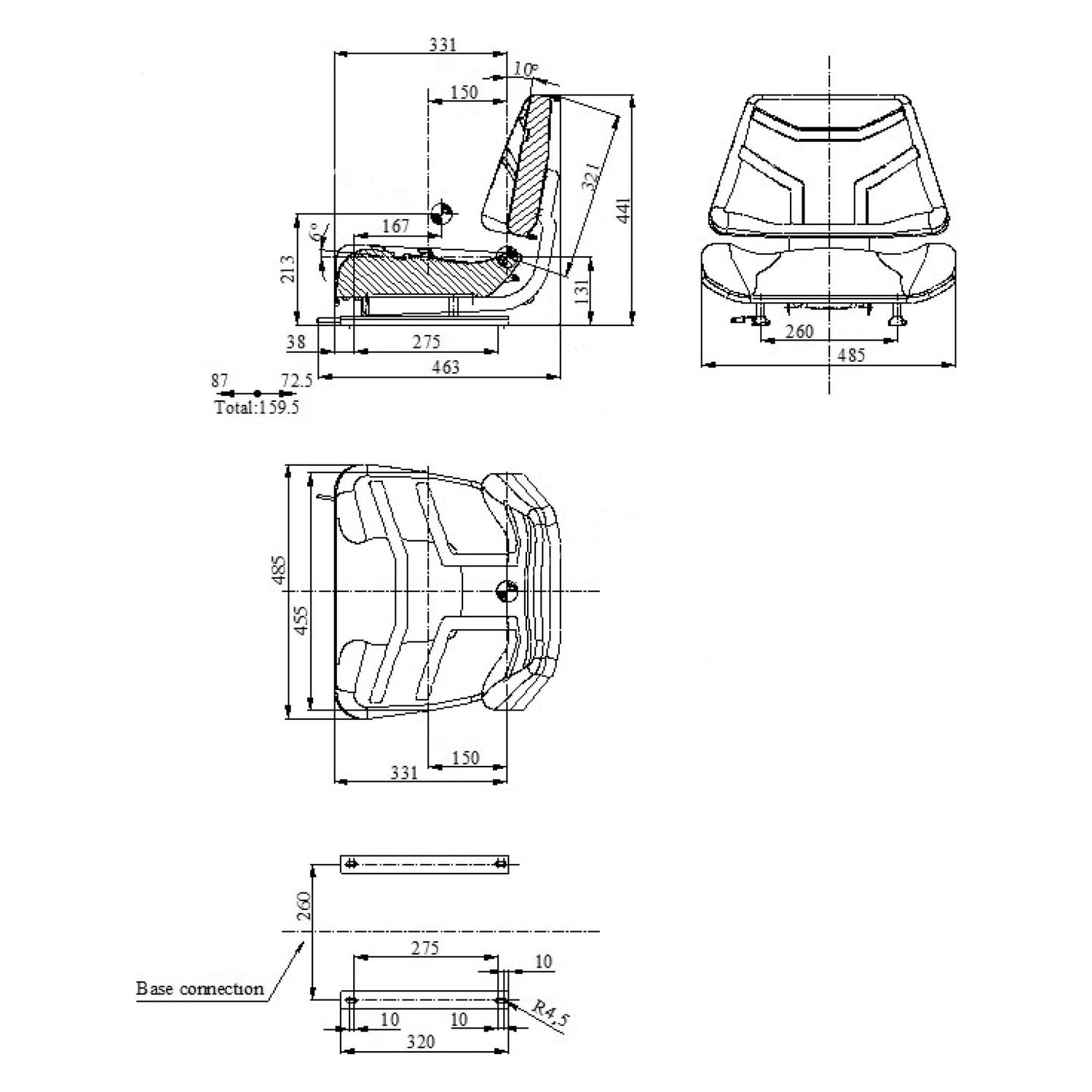 Product Description: The technical drawing of the Sparex Seat Assembly - S.71652 showcases dimensions and measurements for various parts, including the seat, backrest, and base connection, depicted from multiple angles—front, side, and top views. The Seat Width of 510 mm ensures optimal comfort. Additionally, the black vinyl finish adds a modern touch to this high-quality product from Sparex.