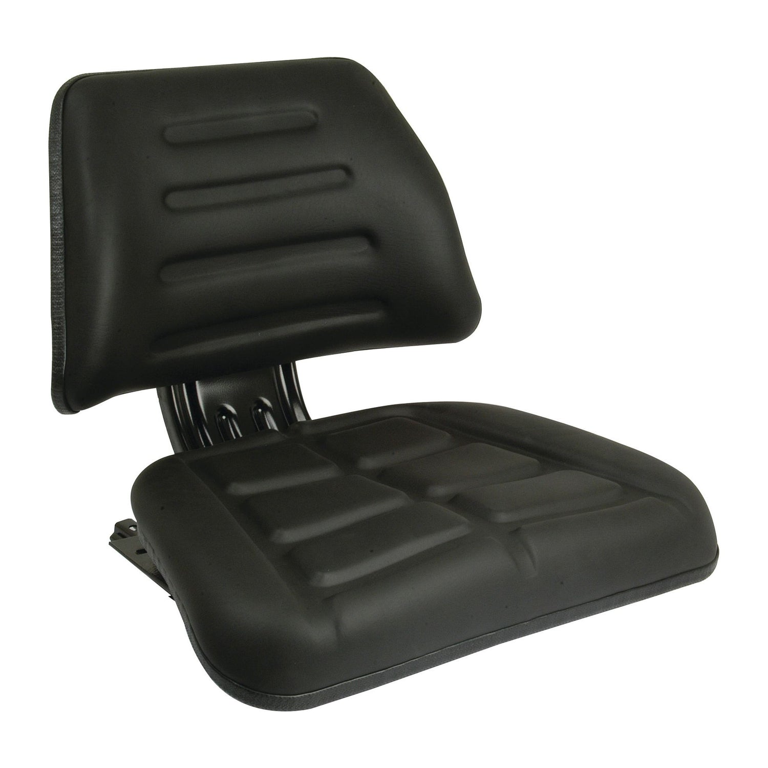 The Sparex Seat Assembly - S.71652, from the brand Sparex, is a black vinyl cushioned tractor seat featuring a ribbed backrest texture and a 510 mm wide seat, making it an ideal choice for forklifts.