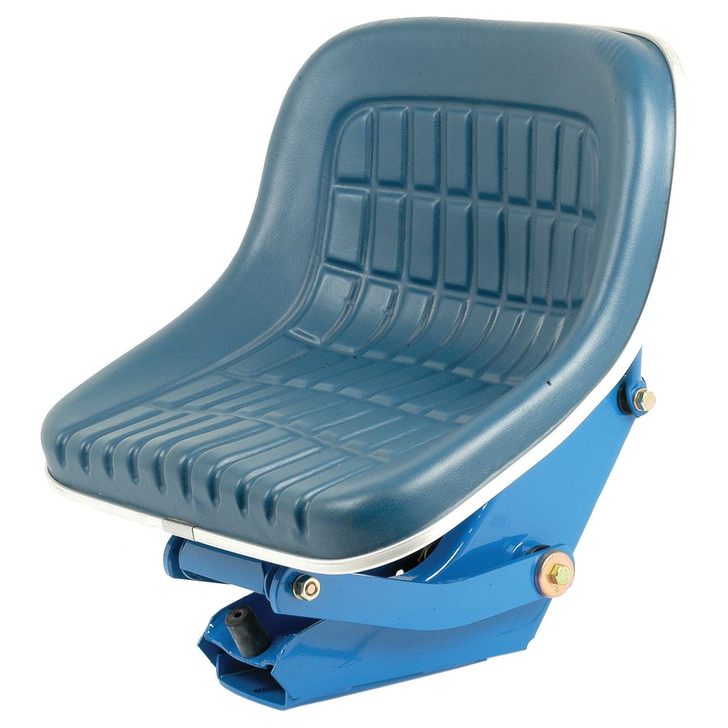 The Sparex Seat Assembly (Sparex Part No. S.7869) features a blue molded plastic tractor seat with a cushioned back and bottom, mounted on a sturdy blue metal bracket, and is compatible with Ford/New Holland models.
