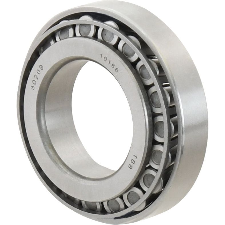 A cylindrical roller bearing with an inner and outer race, containing multiple cylindrical rollers. The metallic bearing, marked with the identifier 30209 from Sparex, features engraved identifying numbers.