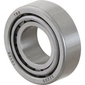 A close-up of a metal taper roller bearing reveals the markings "TBB 32206 10766" engraved on its surface. This bearing, similar to the Case IH models, features an outer and inner ring with visible rolling elements. It is akin to the Sparex Taper Roller Bearing (32205) - S.18253 from the Sparex brand.