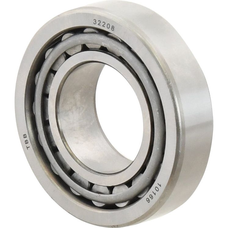 Close-up of a Sparex Taper Roller Bearing (32208) - S.18256 with engraved text "32208" and "TBB 107068" on its outer ring. This bearing features an inner and outer ring with cylindrical rollers between them, ensuring optimal performance for Deutz-Fahr machinery.