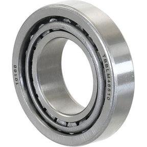 Close-up of a metallic ball bearing. The engraved text "TBBLM48510" and "10186" is visible on the outer ring. The bearing, identified as the Sparex Taper Roller Bearing (LM48548/48510) - S.2971, has an inner and outer ring with a row of ball bearings inside, highlighting its precise product specifications suitable for various applications.