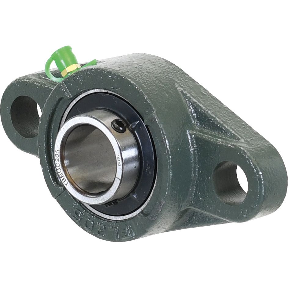 The Sparex Two-Bolt Flanged Unit (UCFL205) | Sparex Part No. S.18411 features a green, cast-iron housed bearing unit with two bolt holes on either side, showcasing a UCFL205 bearing inside.