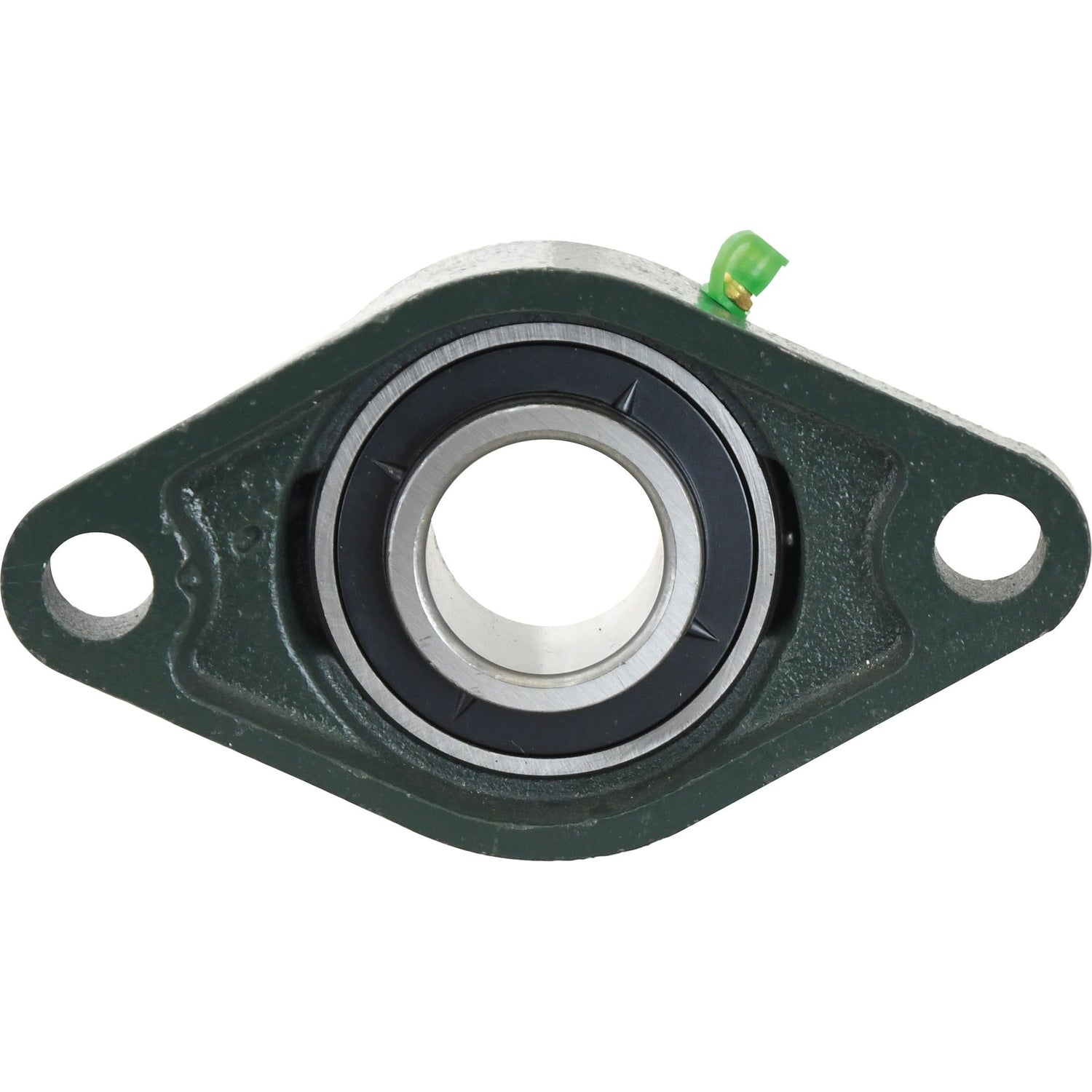 Close-up image of a green Sparex Two-Bolt Flanged Unit (UCFL207), also known as Sparex Part No. S.18413, featuring a central cylindrical bearing and two mounting holes on each of the extended edges.