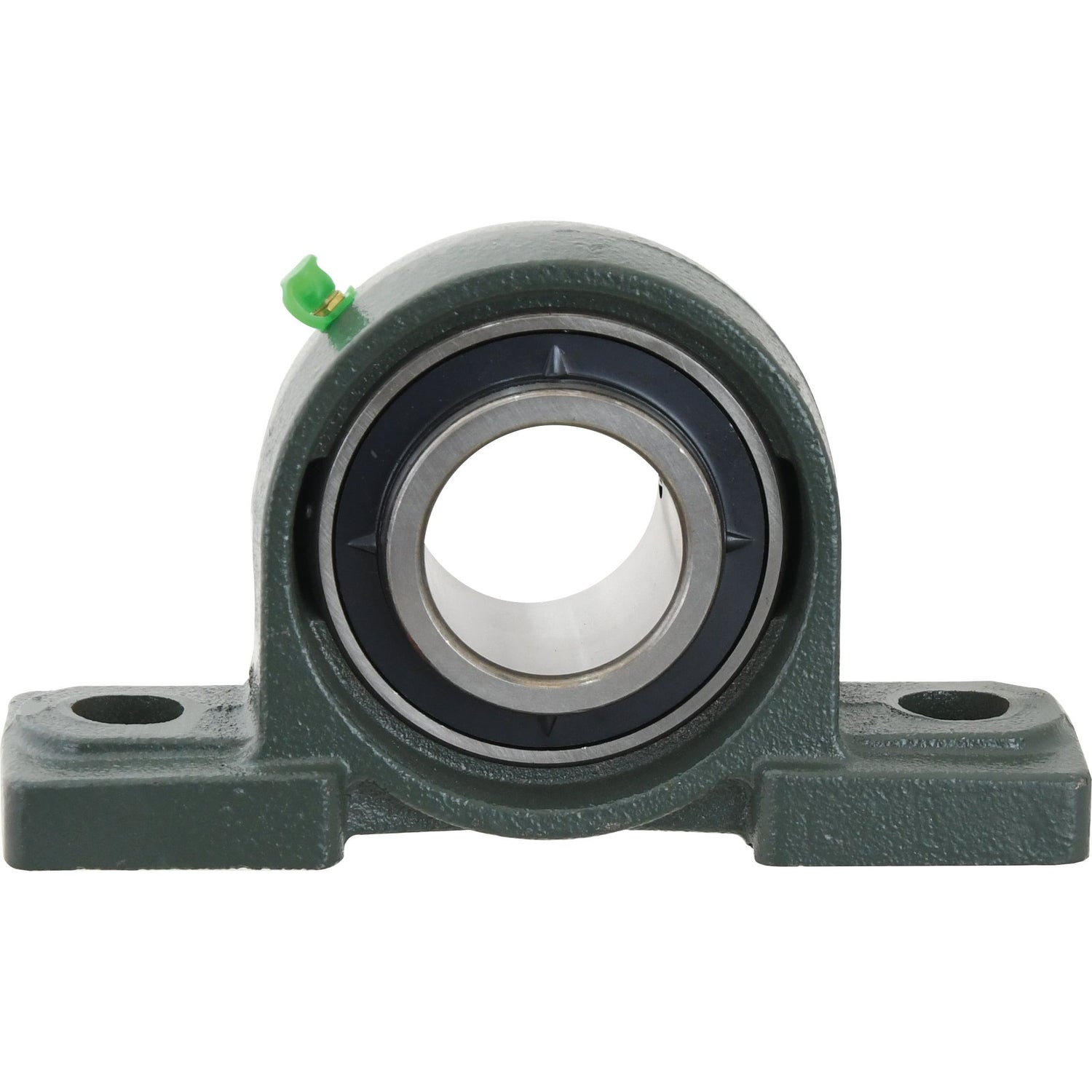 A green cast iron pillow block bearing, such as the Sparex Two-Bolt Pillow Block Bearing UCP (UCP209-28) with Sparex Part No.S.18528, features a round internal bearing and two mounting holes for secure installation.