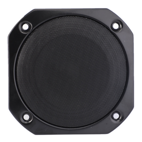 A black, square-shaped speaker grille from AGCO's Massey Ferguson line, product number 4274735M1, featuring a round perforated center and four mounting holes on each corner—perfect for your Massey Ferguson tractor parts.