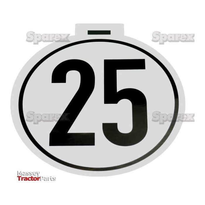 25KM/H speed limit sign with the number 25 in black on a white circular background, featuring the text "Sparex" and partial visibility of "Massey Tractor Parts" for manufacturer reference.