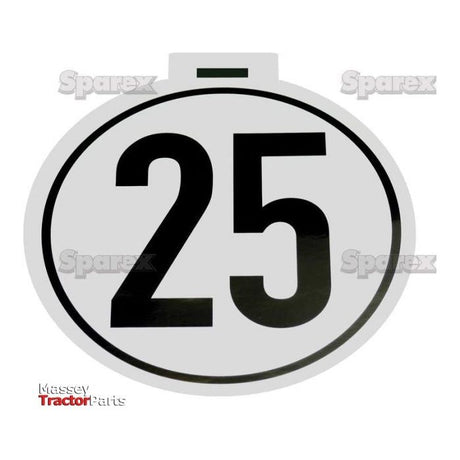 25KM/H speed limit sign with the number 25 in black on a white circular background, featuring the text "Sparex" and partial visibility of "Massey Tractor Parts" for manufacturer reference.