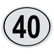 The Sparex Speed Limit Sign 40KM/H - S.31374 is a white oval sign with a black border displaying the number 40 in the center, ensuring clear visibility and meeting product specifications.