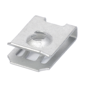 The AGCO Fendt - Speed Nut - X435705100000 is a metallic spring nut clip featuring a rectangular shape, a central hole, slotted openings, and compatibility with Fendt Vario FARMER models.