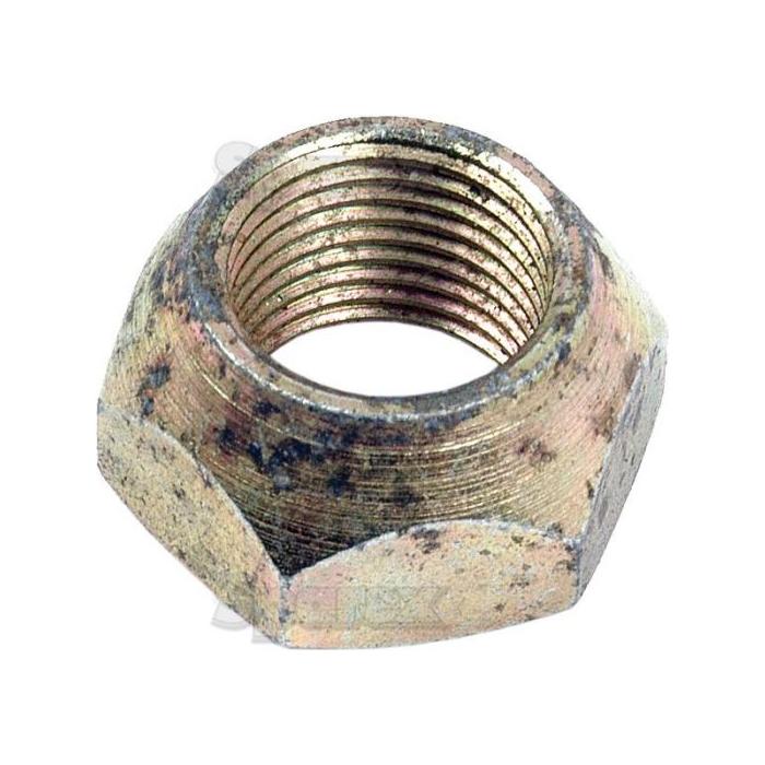 Close-up of the Auto Hitch Lift Rod Nut, Sparex Part No. S.17348, from the brand Sparex, featuring a hexagonal shape and threaded interior with a slightly weathered and tarnished appearance, reminiscent of the hardy components found in Landini 5830 tractors.
