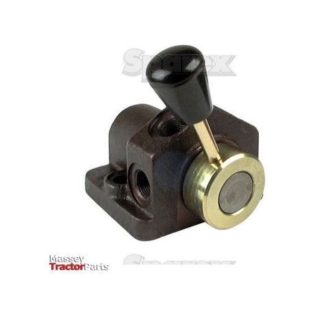 The Sparex Top Cover Mounted 1 Port Isolator/Diverter Valve, suitable for MF (Sparex Part No.S.5939), features a robust metal construction with a black lever handle and multiple connection ports, including a 3/8'' BSP fitting. This valve is commonly used in mechanical applications, offering reliable flow control and versatile functionality.