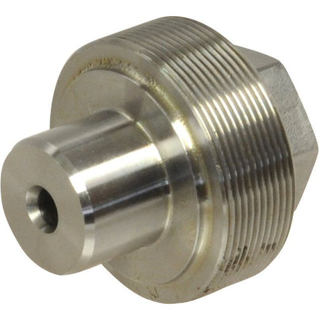 The King Pin - S.7837 by Sparex is a hexagonal metal fitting with threaded ends and a central cylindrical extension featuring a hole, designed with metric precision.