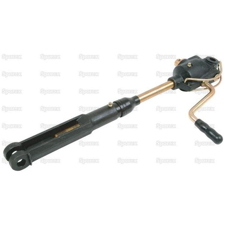 Introducing the Levelling Box Assembly from Sparex, featuring a knuckle bore of Ø 16.5mm and a fork hole of Ø 16mm, with a minimum length of 495mm. Commonly used for lifting agricultural vehicles and machinery, this product is identified by Sparex Part No.S.40929 and comes in a sophisticated black and brass design.