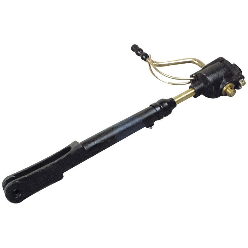 Close-up of a vintage hydraulic jack handle with attached hoses and lever, featuring Sparex End Fittings. The black handle with brass fittings adds a classic touch reminiscent of old Massey Ferguson machinery.