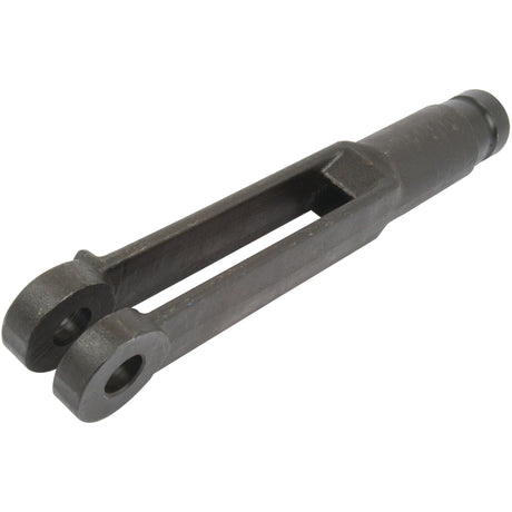 The Sparex Levelling Box Fork - 3/4 UNC, Part No. S.40937, is a metal yoke with two circular openings at one end and a cylindrical connection at the other, commonly used in Massey Ferguson machinery for various mechanical or automotive applications.