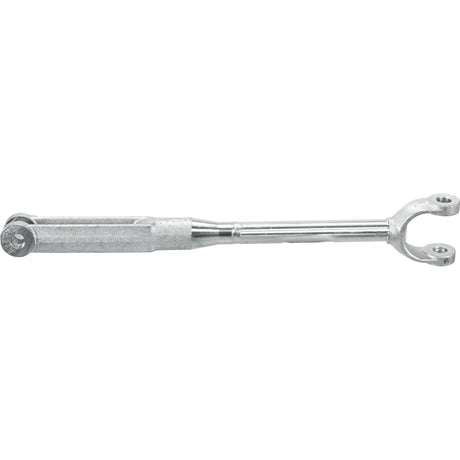 The Sparex Levelling Box Assembly (Sparex Part No. S.40969) is a durable metal turnbuckle, perfect for versatile applications, featuring fork holes with a diameter of 16mm on both ends and a minimum length of 485mm. Ideal for use in Massey Ferguson equipment.