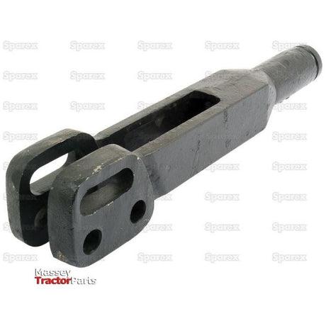 The Levelling Box Fork - 1 UNS from Sparex (Sparex Part No. S.42053) is a black tractor top link repair end featuring a rectangular body with two circular holes on one end and a solid cylindrical extension on the other, measuring 440mm in length.