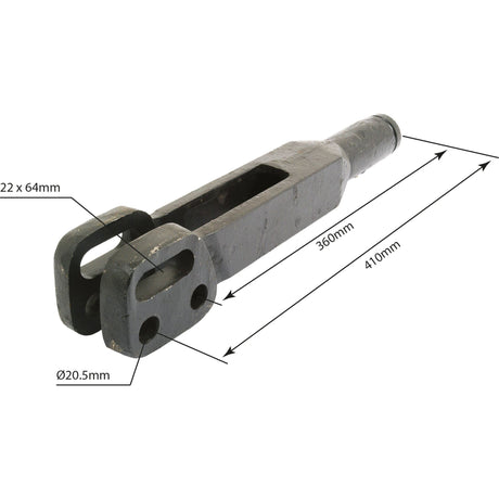 The Levelling Box Fork - 1 UNS (Sparex Part No. S.42053) by Sparex is a metal component featuring cutouts, with the following dimensions: 22 x 64mm, a fork hole diameter of Ø20.5mm, a length of 360mm, and an overall length of 440mm.