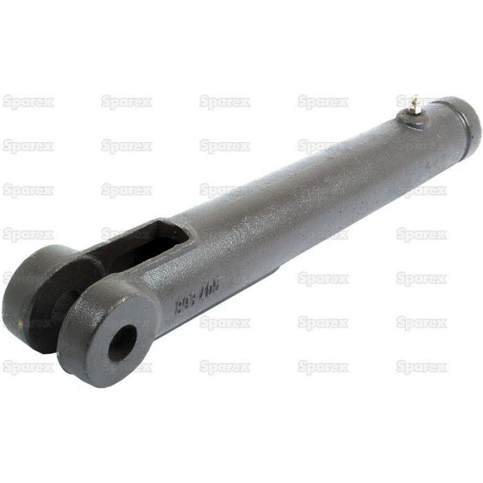 A Levelling Box Fork - 1 UNS (Sparex Part No.S.4281) from Sparex is a dark-colored, cylindrical metal hydraulic cylinder with a pivot bracket at one end and a pinhole suitable for Ford / New Holland MAJOR at the other. It features a fork hole with a diameter of 19.5mm and has an overall length of 321mm.