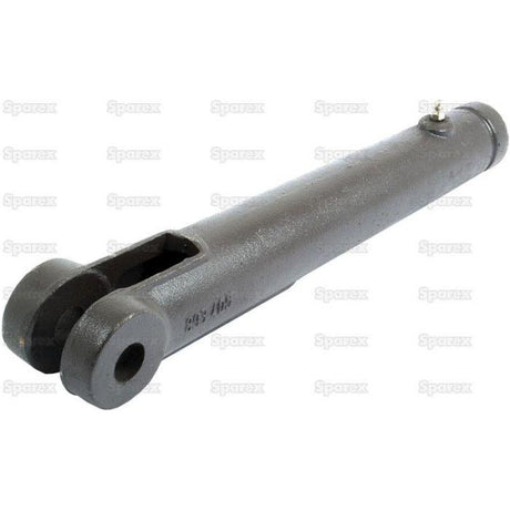 A Levelling Box Fork - 1 UNS (Sparex Part No.S.4281) from Sparex is a dark-colored, cylindrical metal hydraulic cylinder with a pivot bracket at one end and a pinhole suitable for Ford / New Holland MAJOR at the other. It features a fork hole with a diameter of 19.5mm and has an overall length of 321mm.