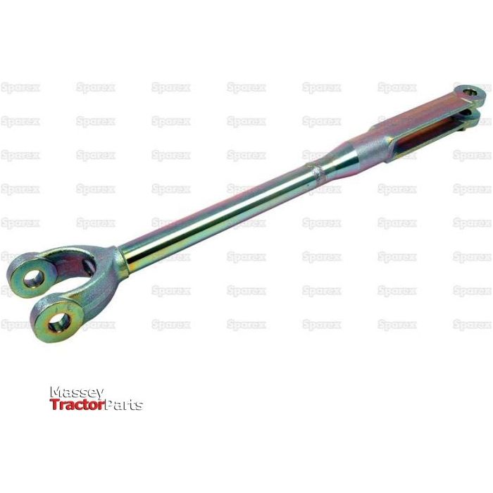 The Levelling Box Assembly by Sparex (Part No. S.40968) is a metal tractor component with a hinge mechanism at one end and a forked attachment point at the other, featuring a 16mm fork hole. The text "Massey Tractor Parts" is visible in the bottom left corner, and the assembly has a minimum length of 515mm.