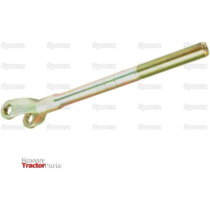 Image of a Levelling Box Yoke - 1 UNF (Sparex Part No.S.11506), featuring a metallic threaded rod with a double-eyelet end, specifically designed for agricultural machinery. The logo "Massey Tractor Parts" is in the bottom-left corner, with "Sparex" watermarks across the background. Suitable for Ford / New Holland models, it features precise thread length and accurate fork hole Ø.