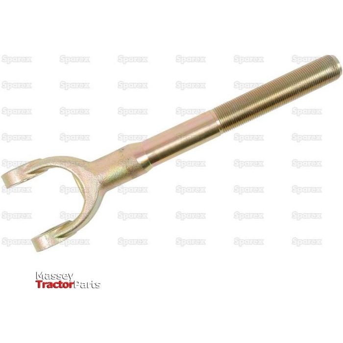 A metal threaded rod with a forked end, likely part of a machine or vehicle component, labeled "Levelling Box Yoke - 1 UNS | Sparex Part No. S.16021" from the brand Sparex, features specific thread length and Fork Hole Ø dimensions.