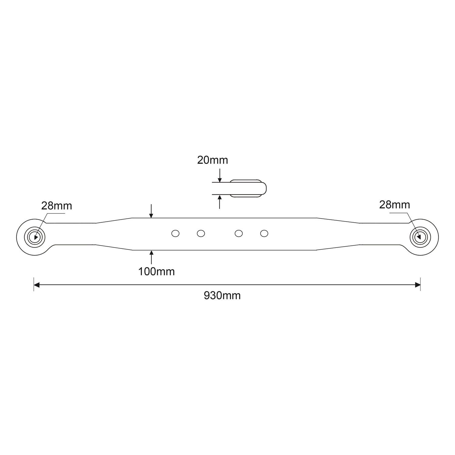 Line drawing of the Sparex Lower Link Lift Arm with two end holes, dimensions labeled: 930mm length, 100mm central section, 28mm end diameter, and 20mm side hole diameter. Ideal for Ford/New Holland applications requiring precise fittings. | Sparex Part No.S.66311