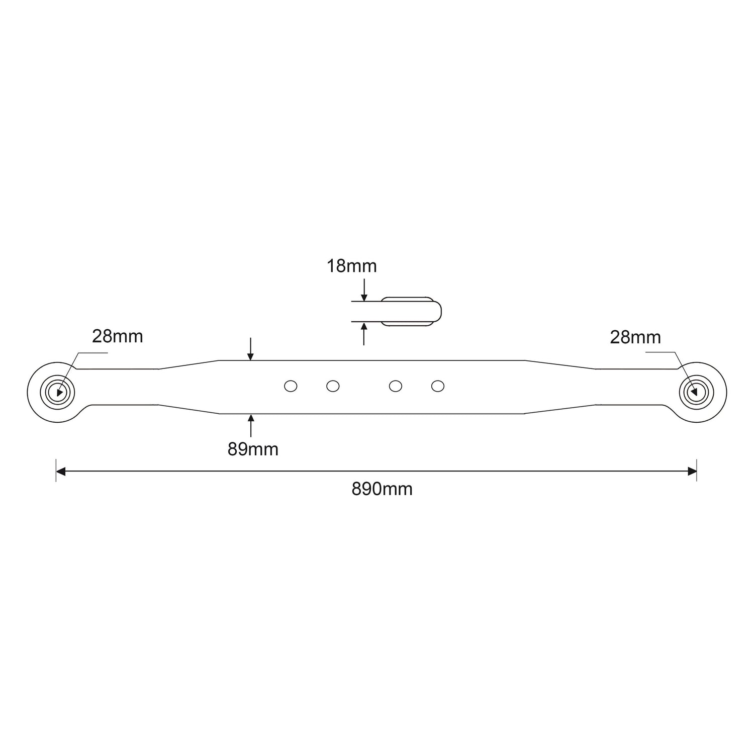 Technical drawing of a metal bar, identified as the Lower Link Lift Arm (Sparex Part No. S.41001), with measurements labeled: the bar is 890mm long, 28mm wide at the ends where it features open sockets with a ball diameter of 28mm, 18mm wide in the center, and includes multiple small holes along its length.