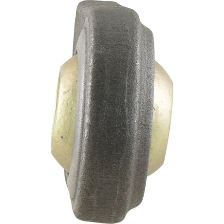Side view of a worn, round Lower Link Weld On Ball End (Cat. 1) | Sparex Part No.S.1338 with a groove around its circumference, showing the effects of its welding length over years of use.