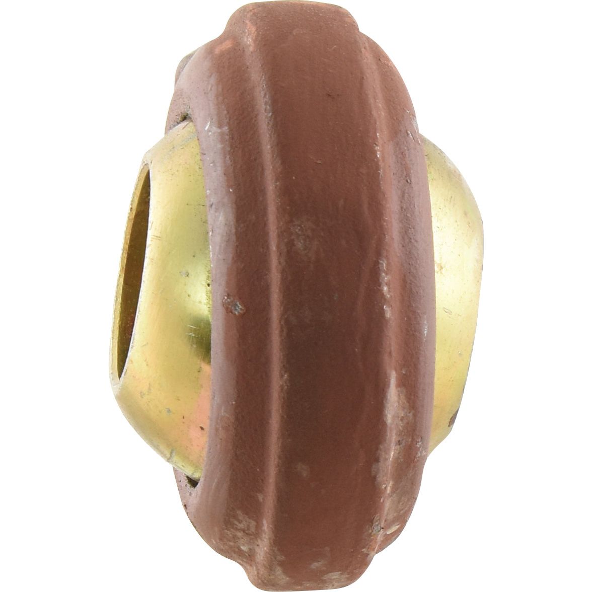 Close-up of a spherical plain bearing, the Lower Link Weld On Ball End (Cat. 2) LH by Sparex (Part No. S.60024), featuring a bronze inner ring and a reddish-brown outer ring, often utilized in mechanical and industrial applications, particularly for Massey Ferguson machinery.