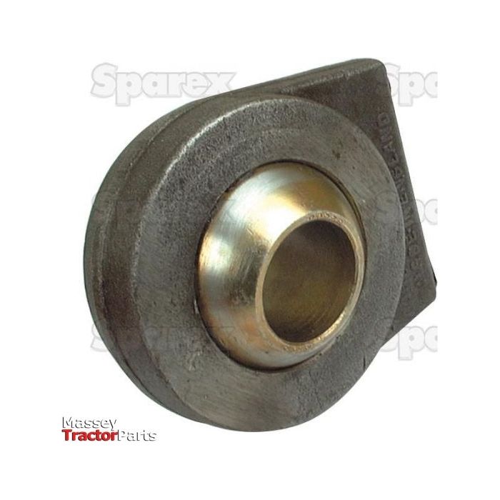 Close-up of a metallic tractor part featuring the "Sparex" and "Massey Tractor Parts" logos in the background. The circular component, a Lower Link Weld On Ball End (Cat. 2) with Sparex Part No. S.15971, has a central hole likely designed to fit onto a shaft and displays intricate details indicating its working length.