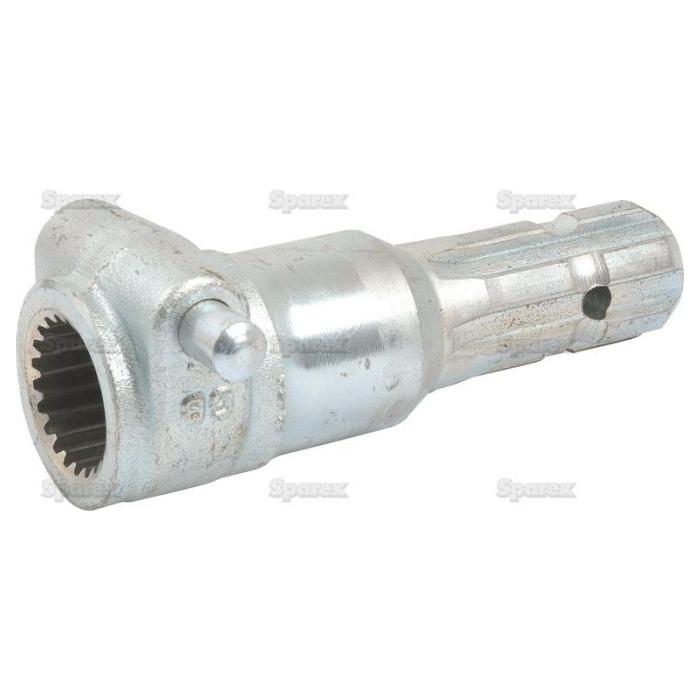 The PTO Adaptor - Female spline 1 3/8'' - 21 x Male spline 1 3/8'' - 6 with Quick Release Pin (S.15865) by Sparex is a heavy-duty metal component featuring a grooved cylindrical body and a gear-like end, ideal for use in machinery to transmit torque effectively.