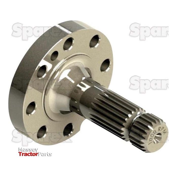 A metallic PTO shaft labeled S.260165 with a cylindrical shape and multiple holes on the flange. The text "Sparex" is visible in the background. Marked with "1000 RPM" on the end, this shaft features 21 splines and proudly displays the "Massey Tractor Parts" logo.