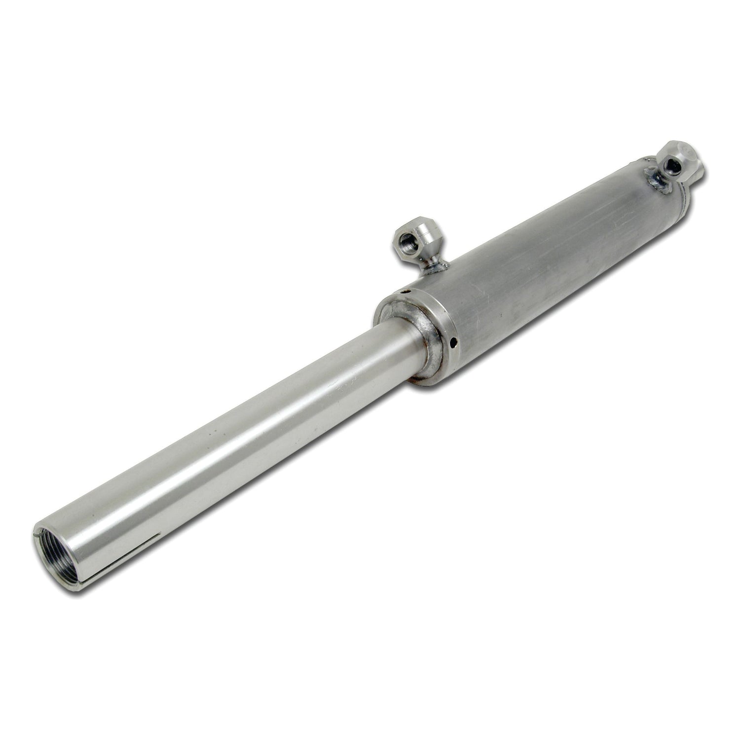 The Sparex Power Steering Cylinder, part number S.74756, is a silver hydraulic cylinder featuring two attachment points and threaded ends, designed for use in mechanical or industrial applications and compatible with Ford New Holland machinery.