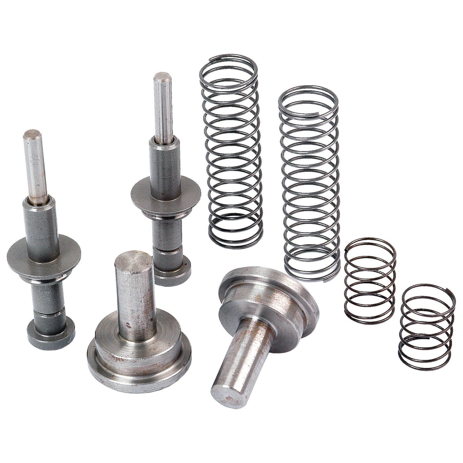 An arranged assortment of the Repair Kit - Valve Chamber (Sparex Part No. S.61324) metal components, including cylindrical rods, discs, and coiled springs, against a white background almost resembles a detailed repair kit.
