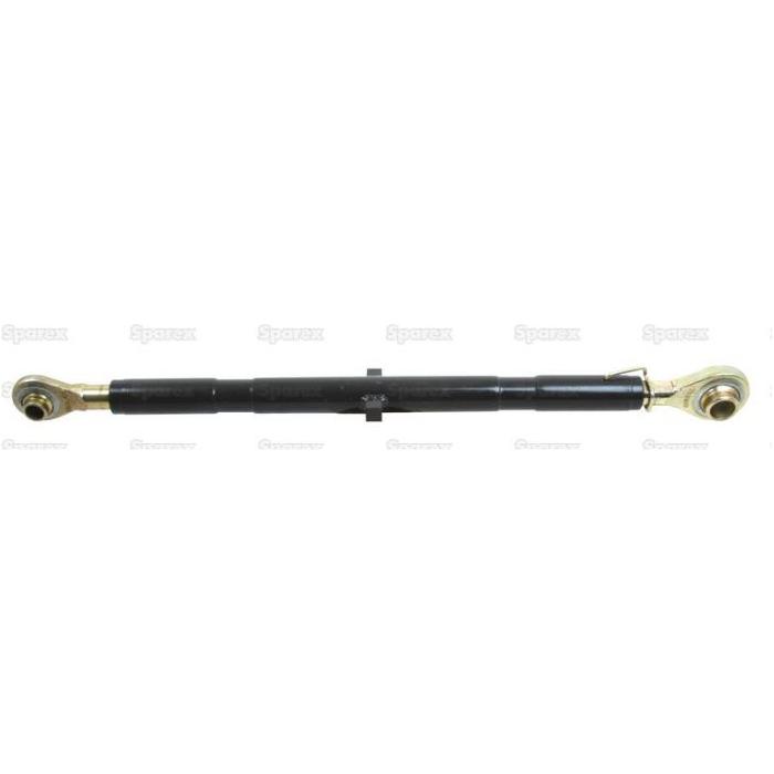 The Sparex Top Link (Cat.1/2) Ball and Ball, 1 1/16'', Min. Length: 670mm. - S.588, is a black tractor hydraulic top link featuring golden threaded rod ends on both sides, designed for perfect compatibility with implement ends.
