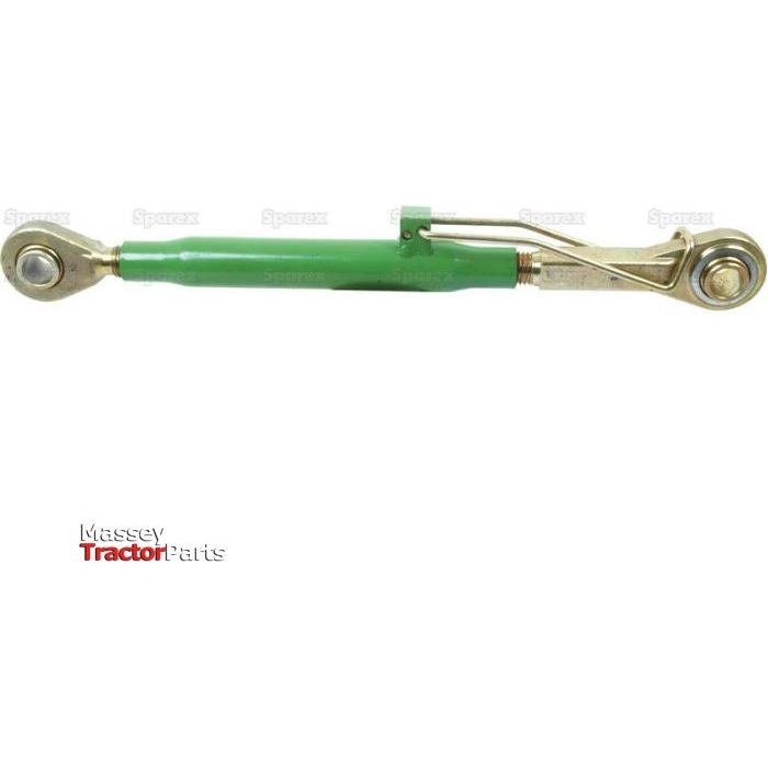 Green adjustable top link for a tractor with Spenco implement end, featuring the Massey Tractor Parts logo at the bottom. The product name is Top Link (Cat.2/2) Ball and Ball, 1 1/8'' with a minimum length of 549mm, and the item number is S.17841 by Sparex.