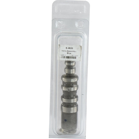 A metal Valve Control Assembly - Blue by Sparex (Part No.S.4620) in transparent plastic packaging with a label reading "S.4620 Valve Assembly" is suitable for Ford / New Holland machinery.