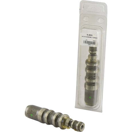 A metal valve control assembly labeled "Valve Control Assembly - Green | Sparex Part No.S.4622" by Sparex, specifically designed for Ford/New Holland, displayed against a white background; one piece is out of its plastic packaging while another remains inside the packaging.
