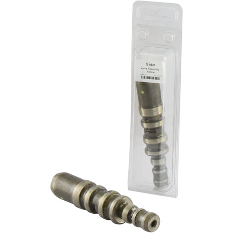 The Sparex Valve Control Assembly - Yellow (Part No. S.4621) is displayed both within and outside of its clear plastic packaging labeled "Valve Assembly." This robust assembly features a series of stacked cylindrical sections with a metallic finish. Manufactured by Sparex, it is compatible with Ford / New Holland machinery, providing reliable performance for various applications.
