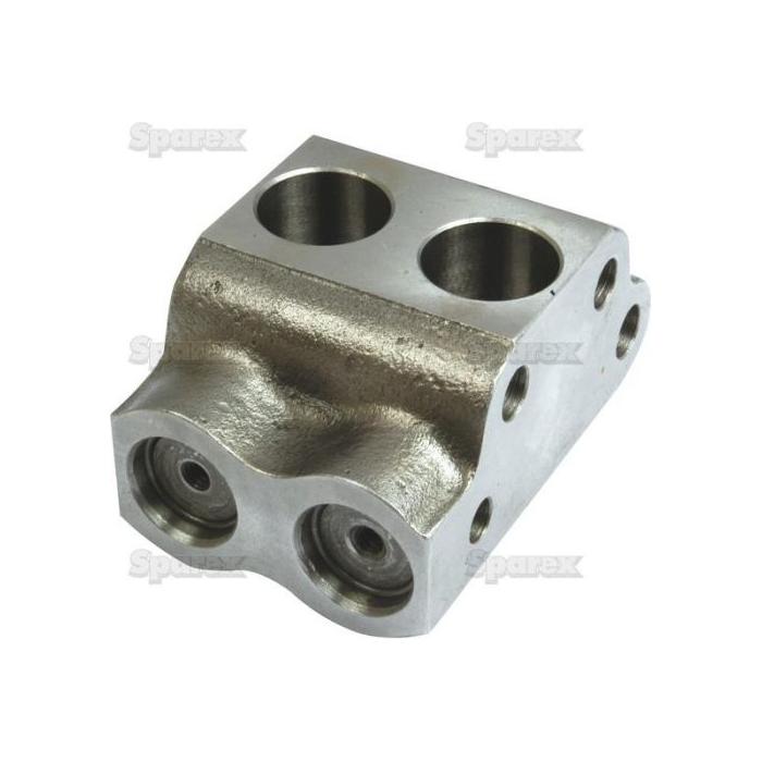 A metallic, rectangular mechanical part named Valve Chamber (Sparex Part No. S.17369) with four circular holes and various grooves, suitable for the MK2 Pump. The background is white with the word "Sparex" faintly printed multiple times.