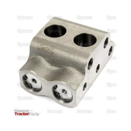 A rectangular metal hydraulic pump end block with four holes and two circular ports, featuring a valve chamber. Labeled as Sparex Valve Chamber (Sparex Part No. S.40846) for Massey Ferguson Tractor Parts.